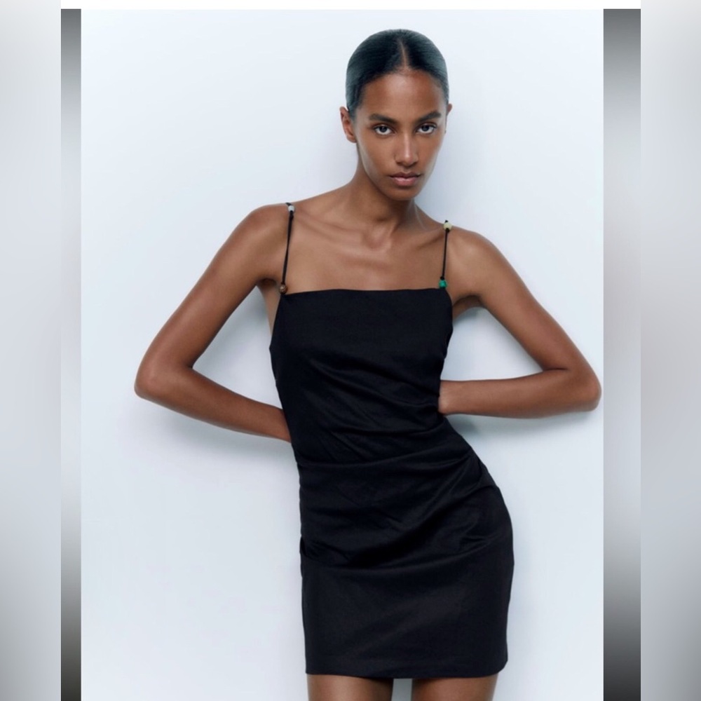 Zara Draped Linen Beaded Strap Mini Dress Sz L